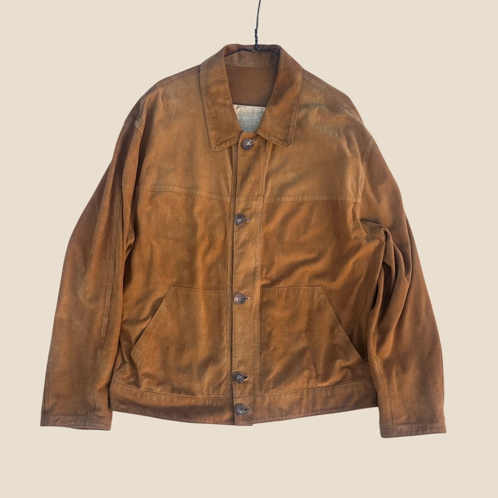 Vtg Avirpelle Italy Mens Reversible Suede Leather Jacket Tan Brown Button Up 52